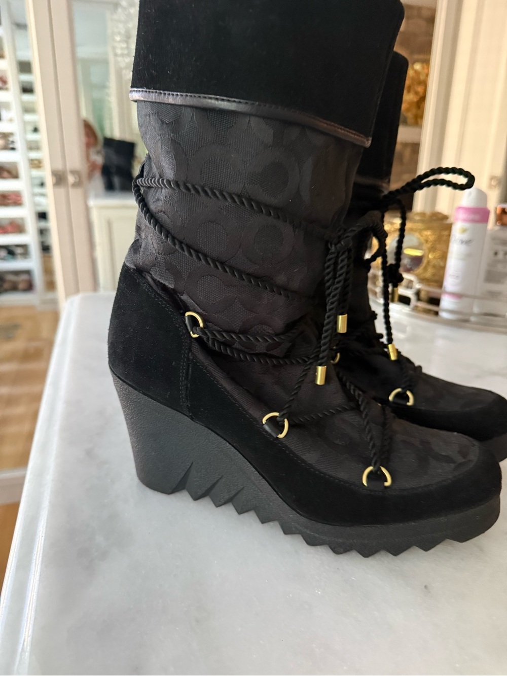 Coach Black Suede & Logo Wedge Lace-Up Boots